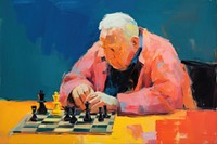 Chubby old man playing chess painting game concentration. 