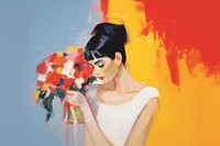 Bride with bouquet painting portrait flower. AI generated Image by rawpixel.