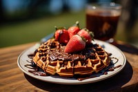 Waffle with chocolate Spread fruit plate table. AI generated Image by rawpixel.