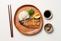 Grilled fish and rice traditional japanese breakfast chopsticks plate food. AI generated Image by rawpixel.