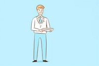Waiter holding suit holding empty tray drawing cartoon sketch. AI generated Image by rawpixel.