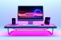Modern computer with neon lights decor laptop table desk. AI generated Image by rawpixel.