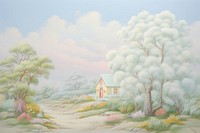 Painting of bush bloom with little house border architecture outdoors building. AI generated Image by rawpixel.