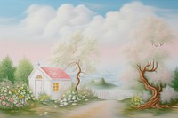 Painting of bush bloom with little house border architecture building outdoors. AI generated Image by rawpixel.