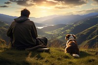 Man holding his dog grass photography landscape. AI generated Image by rawpixel.