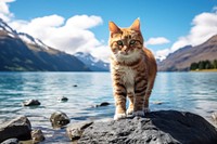 Cat standing on a rock lake landscape mountain. AI generated Image by rawpixel.