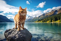 Cat standing on a rock landscape mountain outdoors. AI generated Image by rawpixel.