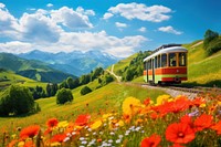 Tram going up the mountain flower landscape outdoors. 