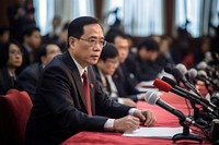 Middle age male Chinese official talking in the press conference glasses adult businesswear. AI generated Image by rawpixel.