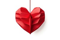 Red paper shaped heart hanging from the top origami white background celebration. AI generated Image by rawpixel.