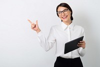 White office woman computer holding glasses. 