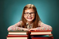 Child in school age glasses smiling reading. AI generated Image by rawpixel.