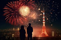 Tokyo tower architecture celebration fireworks. AI generated Image by rawpixel.