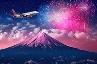 Fuji mountain airplane celebration fireworks. AI generated Image by rawpixel.