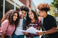 A group of Latinx high school students laughing adult joy. AI generated Image by rawpixel.