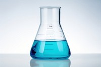 Laboratory beaker in water blue laboratory bottle biotechnology. 