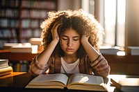 A Latinx girl high school student reading book publication. 