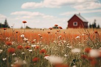 Scenery red house with flowers landscape nature field. AI generated Image by rawpixel.