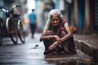 Senior lady sit and cry at street adult infrastructure transportation. AI generated Image by rawpixel.
