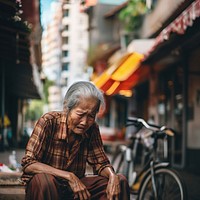 Senior lady sit and cry at street bicycle vehicle adult. AI generated Image by rawpixel.