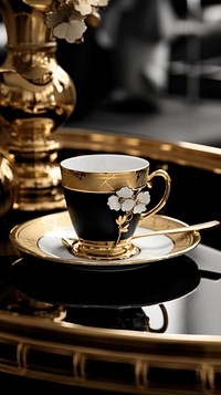 Gold cup saucer coffee table. AI generated Image by rawpixel.