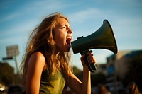Girl Eco-warrior shouting performance microphone. AI generated Image by rawpixel.