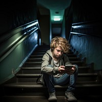 Teenage boy sitting architecture staircase. AI generated Image by rawpixel.