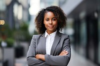 African American woman in gray suit portrait smiling looking. AI generated Image by rawpixel.