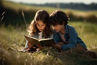 Boy and girl reading book publication child grass. AI generated Image by rawpixel.