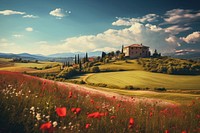 Scene of flowers and a farm architecture countryside landscape. AI generated Image by rawpixel.