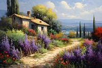 Countryside painting flower house. AI generated Image by rawpixel.