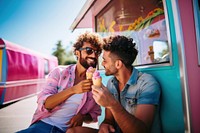 Gay Brazilian couple enjoying ice cream summer adult togetherness. AI generated Image by rawpixel.