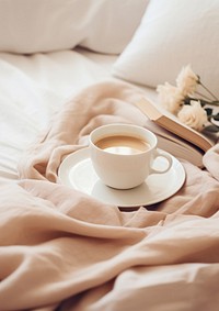 Relax on the bed coffee drink cup. 
