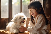 Photo of Chinese little girl playing with a dog pet happiness portrait. AI generated Image by rawpixel.