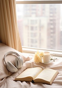 Relax on the bed headphones window book. AI generated Image by rawpixel.