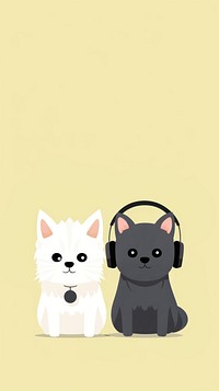 Black cat and white dog standing wearing headphone cartoon mammal animal. AI generated Image by rawpixel.