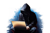 Anonymous young man hacker in black hood wearing mask sitting playing laptop isolated on a white background computer adult electronics. AI generated Image by rawpixel.