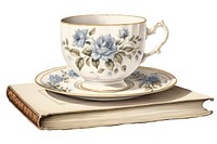 White tea cup on a book porcelain saucer coffee. 