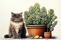 A cute mini cactus pot is placed amidst desert plants with a baby cat sitting beside it mammal animal pet. AI generated Image by rawpixel.