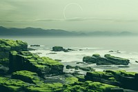 Green Coastline with cliffs and rocks at a beach with a skylight nature coast green. AI generated Image by rawpixel.