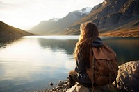 A Latina Brazilian teenage female backpacker looking at a reflective lake near a mountain in Greenland with the early morning light and mist nature landscape adventure. AI generated Image by rawpixel.