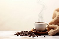 Pouring coffee with smoke on cup and coffee beans on burlap sack drink mug refreshment. AI generated Image by rawpixel.