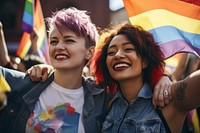 Asian sapphic couple laughing portrait parade. 