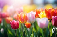 Colorful tulips in the garden outdoors blossom flower. AI generated Image by rawpixel.