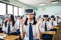 Asian students using VR goggles classroom education school. AI generated Image by rawpixel.