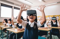 Asian students using VR goggles classroom education school. AI generated Image by rawpixel.