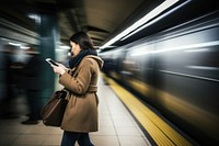 Woman using a phone subway vehicle speed. AI generated Image by rawpixel.