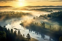 River valley in the morning fog landscape sunrise nature. AI generated Image by rawpixel.