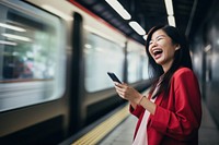 Asian woman laughing during video chat adult train vehicle. AI generated Image by rawpixel.