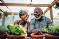 African senior couple having fun gardening laughing adult plant. AI generated Image by rawpixel.